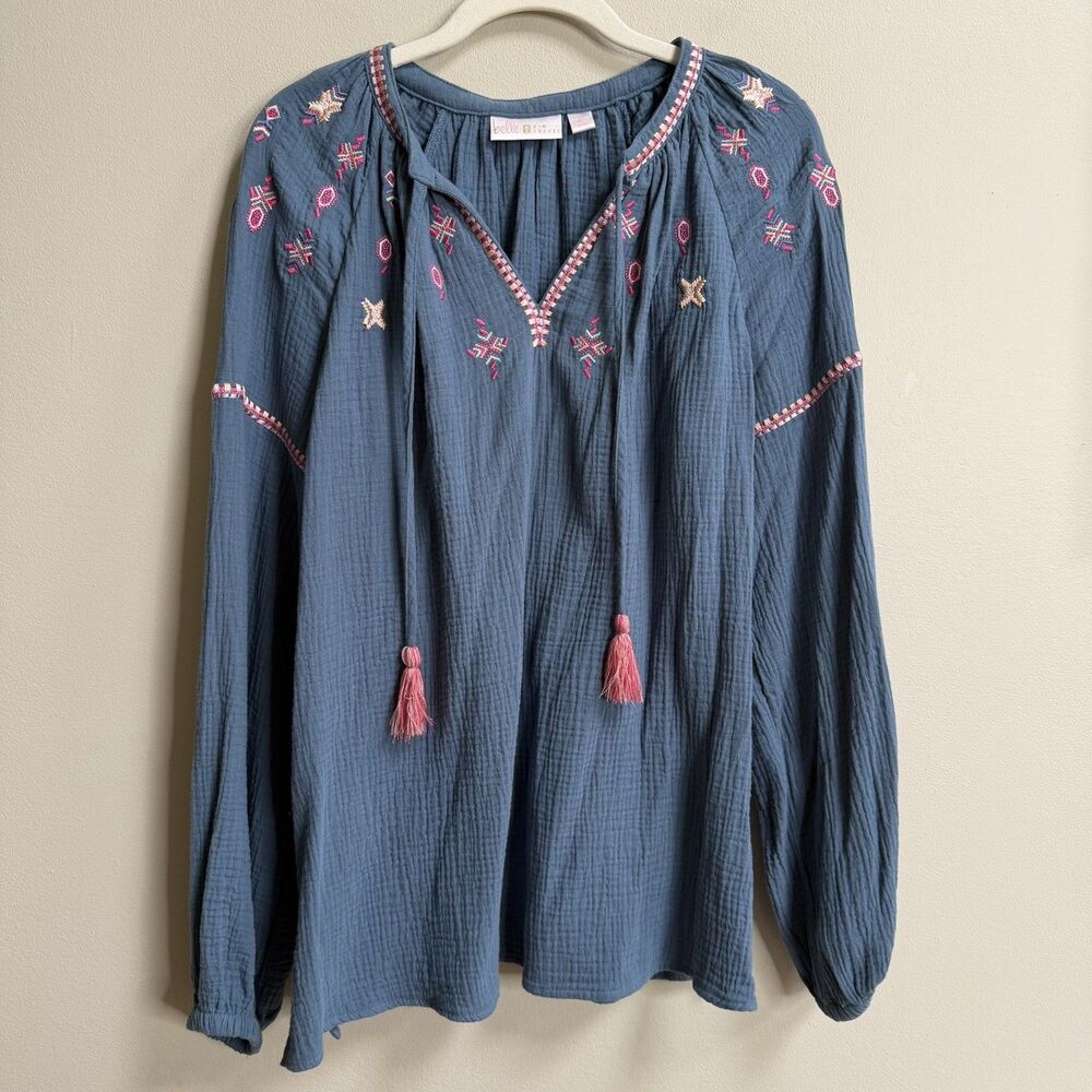 Belle By Kim Gravel Mineral Blue Summer Sunset Cotton Gauze Tassel Top Medium